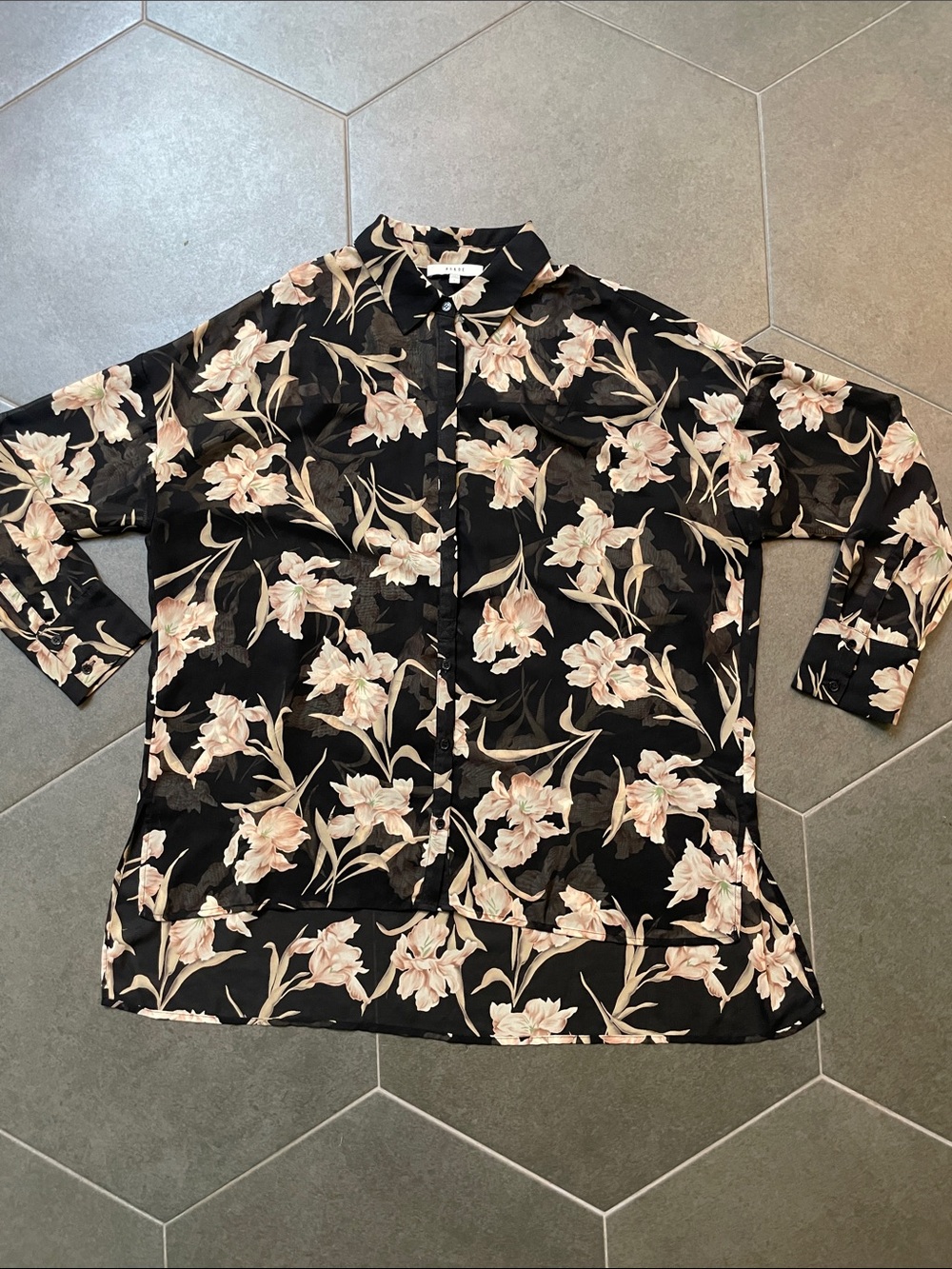 Ro & De Black Sheer Floral Button-Up Blouse with Pale Pink Flowers L